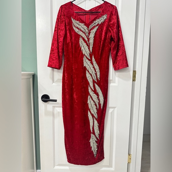 Elegant Vintage Embellished Red Velvet Dress - Picture 1 of 8
